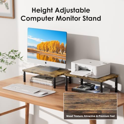 ECOLOVI Adjustable Wood Computer Monitor Stand Riser, Office Desk Organizer and Accessories for Monitor, Laptop, PC, Printer, Office Desk Accessories Workspace Organizer for Home Office Supplies, Brown - Image 3