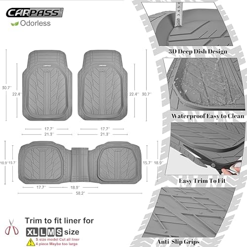 CAR PASS Deep Dish Rubber Floor Mats for Cars Full Set,Heavy Duty Car Mats,Universal Waterproof Trim-to Fit Automotive Floor Mats for Truck Van SUV, Durable All-Weather Car Mats 3-Piece (Light Gray) - Image 2