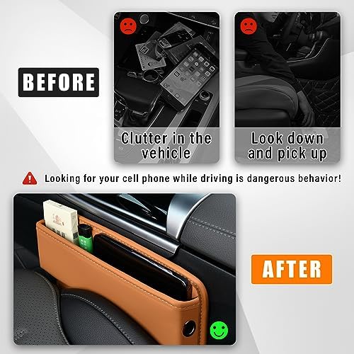 Ziciner Car Seat Gap Organizer, Premium Leather Auto Seat Storage Box, Vehicle Adjustable Front Seat Gap Filler, Car Seat Side Pocket Organizer for Phones, Glasses, Keys, Money, Cards (Khaki) - Image 4