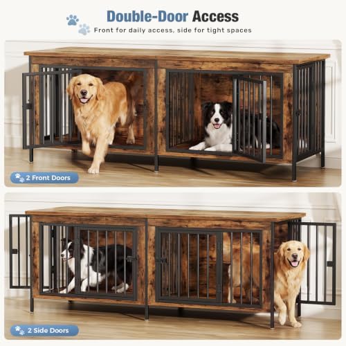 DUMOS 63" Dog Crate Furniture for 2 Dogs with Divider, Rustic Brown - Image 2