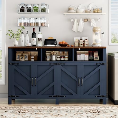 knoworld Buffet Sideboard with Storage Farmhouse, Large Kitchen Storage Cabinet Wood Coffee Bar Cabine Buffet for Kitchen, Living Room, 55in, Blue - Image 7