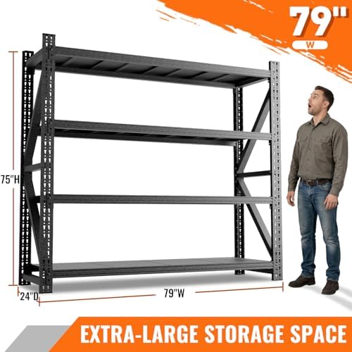 7000LBS Garage Shelving, 79" W Heavy Duty Metal Adjustable 4 Tier Storage for Warehouse, Basement, Shop and Office, Commercial-Grade Industrial Shelving, 79" W x 24" D x 75" H - Image 2