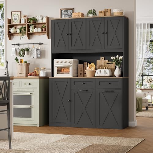 HOSTACK 71" Kitchen Pantry with 12.5 Gallon Double Trash Can Cabinet, Black - Image 4