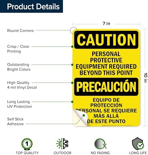 Caution Personal Protective Equipment Required Beyond This Point Bilingual Osha Sign, 10x7 Inches, 4 Mil Vinyl Decal Stickers Weather Resistant, Made in USA by My Sign Center - Image 6