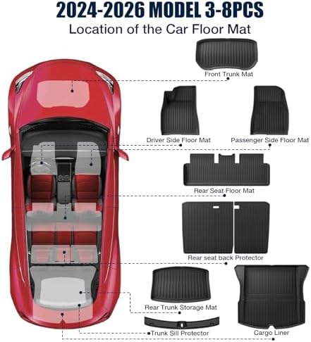 Floor Mats Compatible with Tesla Model 3 2024-2026 Highland 5-Seater, All Weather TPE Waterproof Odorless Complete Set with Seat Back Liner & Trunk Sill Guard Interior Accessories (8PCS) - Image 2