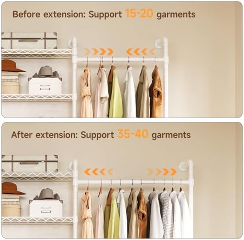 H6 Wall Mounted Closet System, Industrial Pipe Clothes Rack Clothing Racks with 6 Telescopic Rods & 3 Fixing Rods & 9 Shelves, Heavy Duty Closet Organizers and Storage in Wardrobe Closet (White) - Image 5