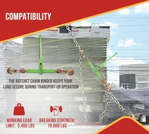 Mytee Products 4 Pack 5/16"- 3/8" Heavy Duty Hi-Viz Green Ratchet Chain Binder w/ 5/16" Grab Hook & 1/2" Slip Hook, 5,400 Lbs WLL - Tie Down Hauling Load Binders for Flatbed Trailers - Image 5