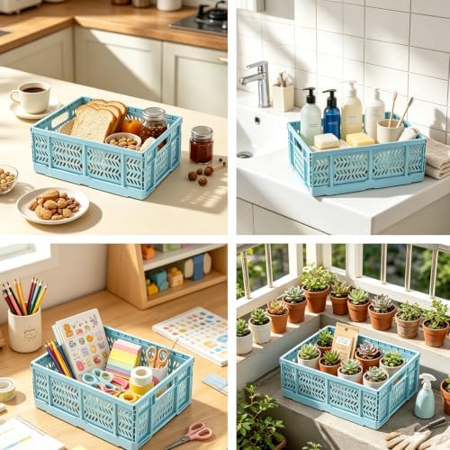 4-Pack Plastic Storage Crates,20L Foldable Baskets,Collapsible Crates, Storage Baskets and Bins for Home Storage, Office Products(Lt Blue) - Image 3