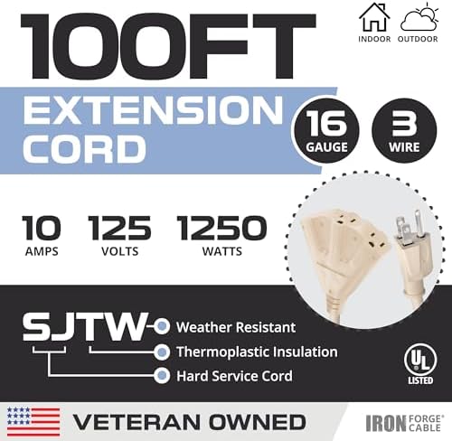 Iron Forge Cable 16 Gauge Beige Extension Cord Multi Outlet, 100 Ft - SJTW - Image 2