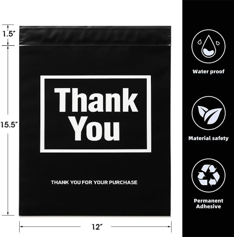 POLYSELLS Thank You Poly Mailers 12x15.5 inches 50 Pcs Waterproof Self-Sealing Shipping Bags for Clothing | Black - Image 2