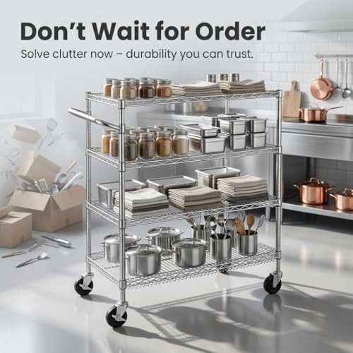 Finnhomy 4 Tier Heavy Duty Commercial Grade Rolling Cart with Handle Bar, Metal Wire Utility Cart with Wheels, Service Trolley on Wheels, Shelf Size 18" D x 30" W, NSF Listed, Chrome - Image 2