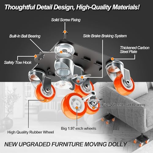 MYUEA Furniture Dolly 5 Wheels Heavy Duty with Removable Side Guards,3307 Lbs Capacity,360° Rotating Wheels & Side Brake,Furniture Movers Lifter Tool with Wheels for Appliances,Sofas,Beds,Pianos - Image 2