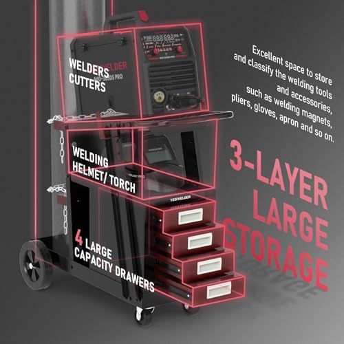YESWELDER Welding Cart with 4 Red Drawers, Dual Cylinder Slots, 245 lb - Image 4