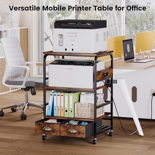 Extra Large Printer Stand with 2 Farbic Drawer, 3 Tier Printer Table with 4-Adjustable Heights, Rolling Printer Cart with Storage for Printer Scanner Fax Home Office Use, Rustic Black and Brown - Image 2