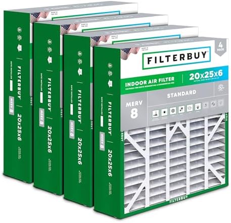 Filterbuy 20x25x6 Air Filter MERV 8 Dust & Allergy Defense (4-Pack) by Filterbuy