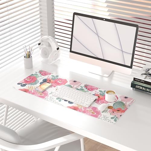 QIYI PU Leather Large Mouse Pad, Waterproof Desk Mat, 31.5" x 11.8", Peony - Image 2