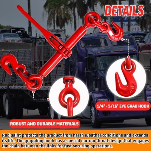 Ratchet Chain Binders 1/4''- 5/16'', Load Binder with G70 Grab Hooks, Adjustable 1/4" Binder for 1/4 Chains, 2200 Pounds Working Load Limit- Heavy Duty Ratchet Binders for Towing (2 Pack) - Image 3