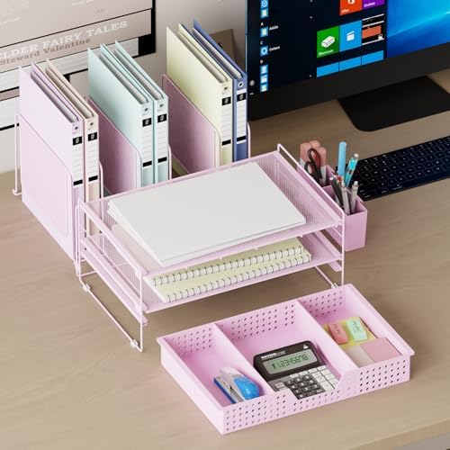 LEKETREE Pink Desk Organizer, Office Organization with Vertical File Holder, File Organizer with Drawer and Pen Holder, Desk Accessories and Workspace Organizers for Home Office (Pink) - Image 3