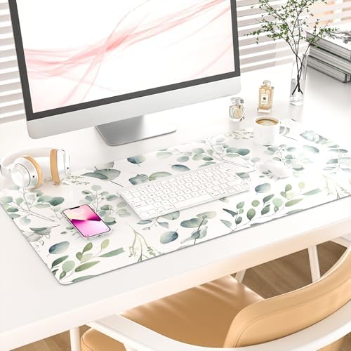 Leather Large Mouse Pad, Office Desk Mat, 31.5"x15.7", Eucalyptus Leaves - Image 2