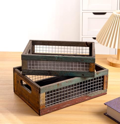 TIMRIS Set of 2 Rustic Wooden Countertop Baskets, Farmhouse Distressed Nesting Boxes, Small Decorative Wooden Storage Crates, Reclaimed Wood Organizer Baskets with Wire Mesh (Random) by TIMRIS