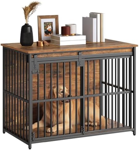 HOOBRO Dog Crate Furniture, 36.6" Heavy Duty Dog Kennel with Sliding Barn Door, Wooden Dog Cage Indoor, Decorative Side End Table for Small/Medium Dogs, Rustic Brown and Black FG162GW03G1 by HOOBRO