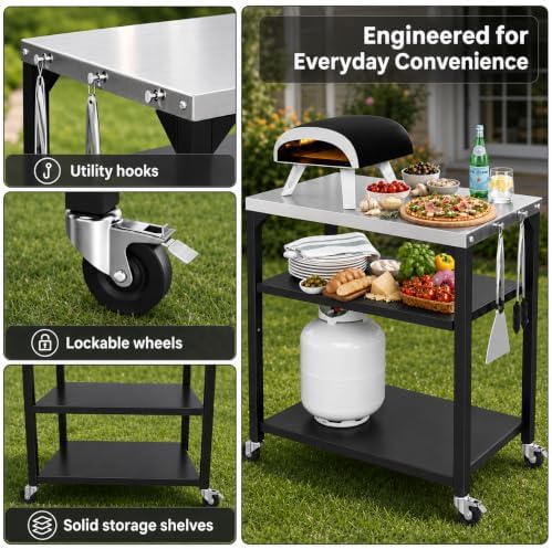 Hisencn 3-Shelf Pizza Oven Table with Lockable Wheels,31.5"L x 24"W - Image 3