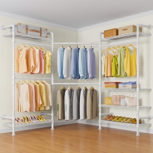 Timate L3 L Shape Garment Rack Heavy Duty Clothes Rack for Hanging Clothes, Expandable Industrial Pipe Wall Mounted Clothing Rack, Adjustable Corner Closet Wardrobe Closet Kit Closet Systems, White by SturdyWallMountedClothesRack