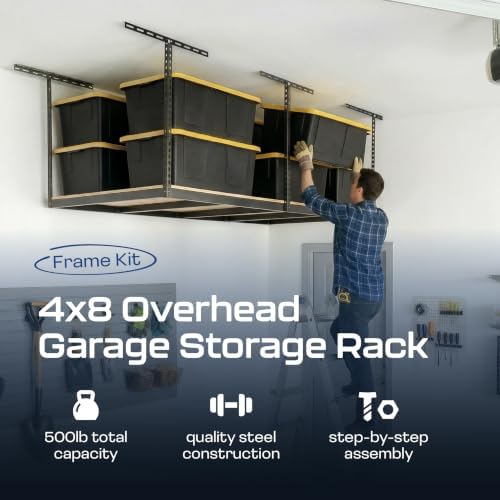 MonsterRax 4x8 Overhead Storage Rack Frame Kit, Hammertone, 24”-45” Height - Image 2