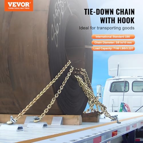 VEVOR G80 Transport Binder Chain, 3/8" x 10.3' Tow Chain with Clevis Grab Hooks, 7100 lbs Safe Working Load, Heavy Duty Trailer Logging Chain for Transporting Towing Truck Tie Down Binding Equipment - Image 2