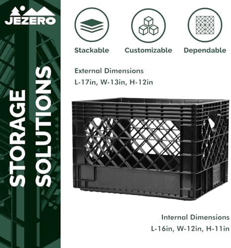 JEZERO 20 Quart 2-Pack Heavy Duty Plastic Crate | Stackable Multi-Purpose Storage Bin for Garage, Home, Office, Groceries, Outdoor, Camping & Kayaking | Black Utility Tote, 17" x 13" x 11" - Image 2