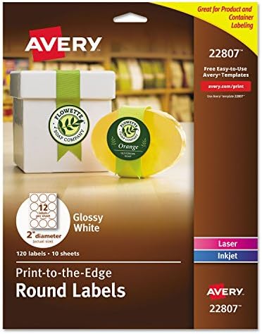 Avery® Printable Round Labels, Sure Feed® Technology, Glossy White Labels, 2" Diameter, Permanent Adhesive, Laser/Inkjet, 120 Total (22807) by Avery