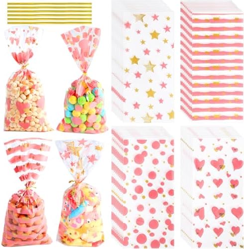 COQOFA 100 Pcs 5"X11" Cello Cellophane Treat Bags Party Favor bags Pink Candy Cookie Bags Clear Plastic Goodie Bags with Twist Ties for Gift,Baby Shower, Birthday, Wedding,Party by COQOFA