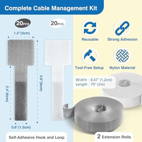 Cable Management Kit – 40 Self-Adhesive Hook & Loop Cable Ties with 2 Extension Straps, Strong Adhesive Cord Organizer for Desk, Wall, Home & Office, Adjustable Wire Holders, Grey & White - Image 2