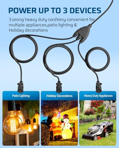 DEWENWILS 25FT (7’+6’ *3) Extension Cord Halloween, 1 to 3 Splitter, Black - Image 2