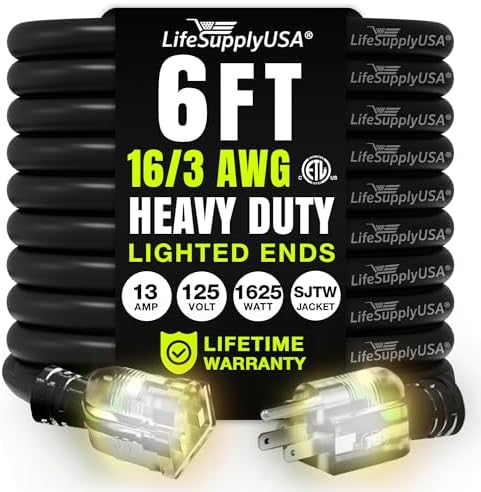 6ft Outdoor/Indoor Extension Cord 16/3 Gauge Heavy Duty 3 Prong SJTW, Waterproof by LifeSupplyUSA