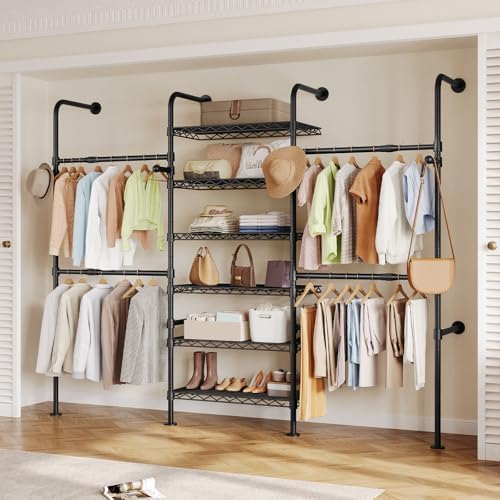 Closet Organizers and Storage, 3-Row Heavy Duty Garment Rack Clothes Rack for Hanging Clothes, Wall Mounted Closet System with 4 Telescopic Rods, 4 Hooks, 6 Shelves for Wardrobe, Bedroom, Small Space by Seedsec