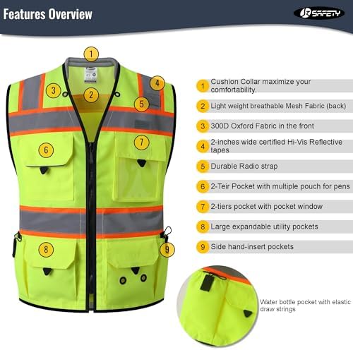 JKSafety Hi-Vis Unisex Surveyor Safety Vest Heavy Duty PPE Inner Pockets ANSI/ISEA Compliant - Image 6