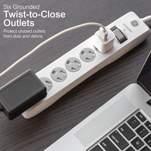 GE Surge Protector Power Strip, 8 Ft Extension Cord, 6 Outlet Extender, 800 Joules, Flat Plug, Twist-to-Close Safety Covers, ETL Listed, White, 67044 - Image 2