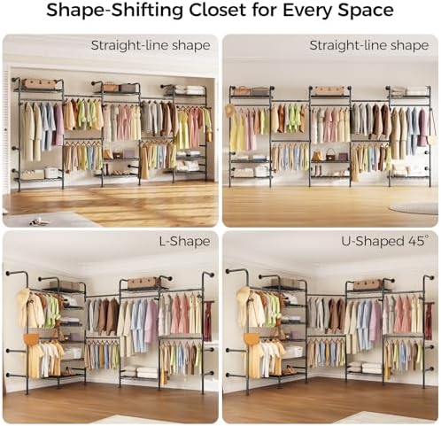 Closet Organizers and Storage, 5-Row Heavy Duty Clothes Rack for Hanging Clothes, Wall Mounted Closet System with 4 Telescopic Rods, 3 Fixed Rods, 6 Hooks, 8 Shelves for Wardrobe, Bedroom, Small Space - Image 5
