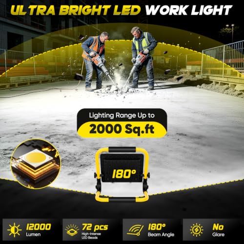 LED Work Light, 12000LM 6500K Portable Work Light with 5FT Cord, IP66 Waterproof Flood Lights Outdoor with Stand & Switch, Bright Indoor Outside Lighting for Job Site Construction Car Repairing Garage - Image 2