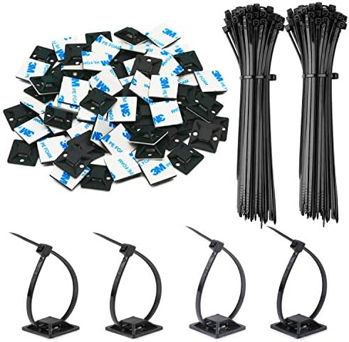 500 Pack 3/4" Zip Tie Adhesive Mounts Self Adhesive Cable Tie Base Holders with Multi-Purpose Tie wire clips with screw hole,Anchor stick on wire holder, Including 100 Pack Clips（Black） by Rythcraft