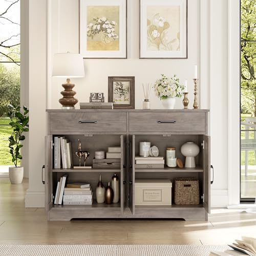 HOSTACK 47" W Kitchen Sideboard Buffet Cabinet with Storage Drawers, Grey - Image 6