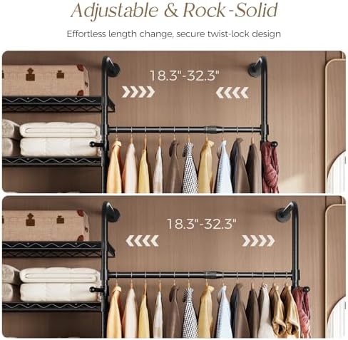Wall Mounted Closet System, Heavy Duty 5-Row Clothes Rack, Expandable Industrial Pipe Closet Organizers and Storage with 4 Telescopic Rods, 3 Fixed Rods, 6 Hooks & 8 Shelves for Wardrobe, Bedroom - Image 3