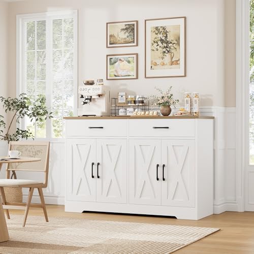 HOSTACK 47" W Kitchen Sideboard Buffet Cabinet with Storage Drawers, White - Image 2