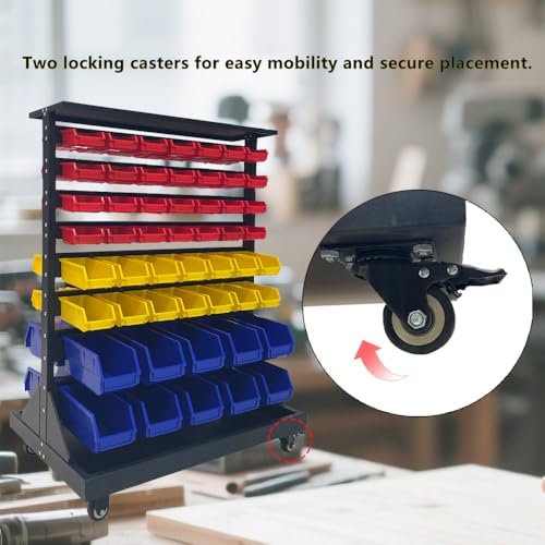 JZD Heavy Duty Rolling Bin Storage Rack, Parts Organizer on Wheels, 104 Bins for Nuts Bolts Hardwares, 8-Tier Double Sides Bin Shelves for Garage Warehouse Factory - Image 6