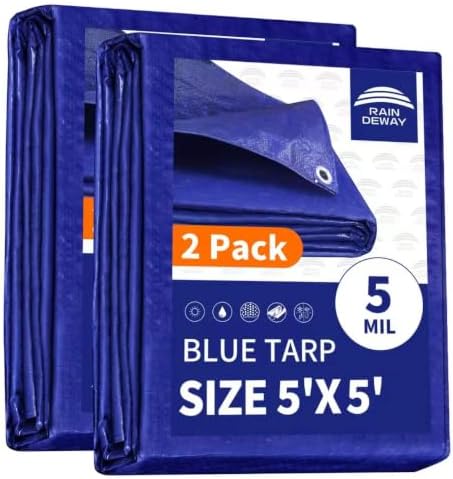 RAINDEWAY Small Tarps 5x5 Feet (2 Pack) 5 Mil Blue Waterproof Tarp by RAINDEWAY