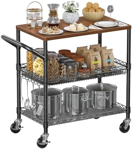 NTE Rolling Kitchen Carts on Wheels, 650Lbs Capacity 3 Tier Utility Cart with Wood Tabletop, Kitchen Storage Cart with 8 Hooks, Metal Serving Cart with Handle and Shelf Liners for Kitchen, Black by NTE