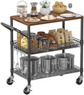 NTE Rolling Kitchen Carts on Wheels, 650Lbs Capacity 3 Tier Utility Cart with Wood Tabletop, Kitchen Storage Cart with 8 Hooks, Metal Serving Cart with Handle and Shelf Liners for Kitchen, Black by NTE
