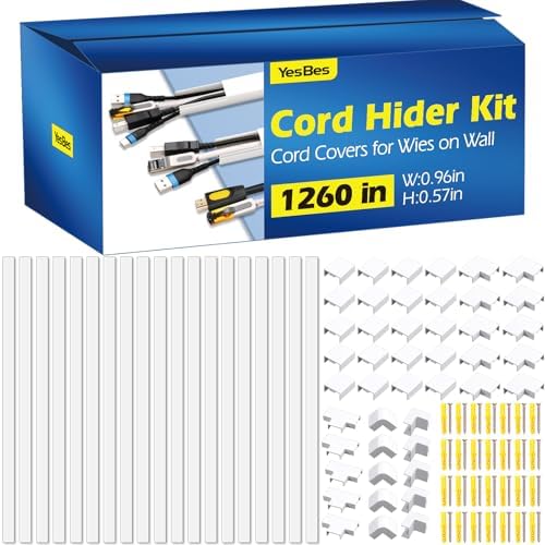 1260in Cord Hider Kit, Cord Covers for Wires on Wall, Paintable Cable Raceway, Cord Hider for Wall Mount tv, tv Cable Hider Wall kit, Wire Covers for Cords, 80X L15.75 X W0.96in X H0.57in, White by YesBes