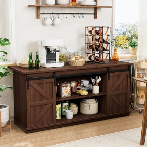 Shahoo Farmhouse Sideboard Buffet Cabinet, Coffee Bar Storage with Sliding Barn Doors, Shelf for Home Dining Room, Espresso by BuynowfromShahoo